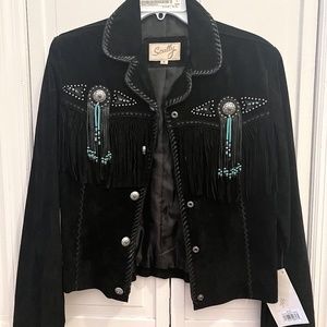 Scully Black Leather Jacket Fringe Beads Silver Turquoise
